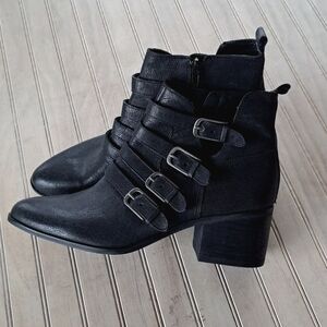 Lucky Brand Classic Almond Toe Leather Buckle Stacked Heel Chelsea Boots